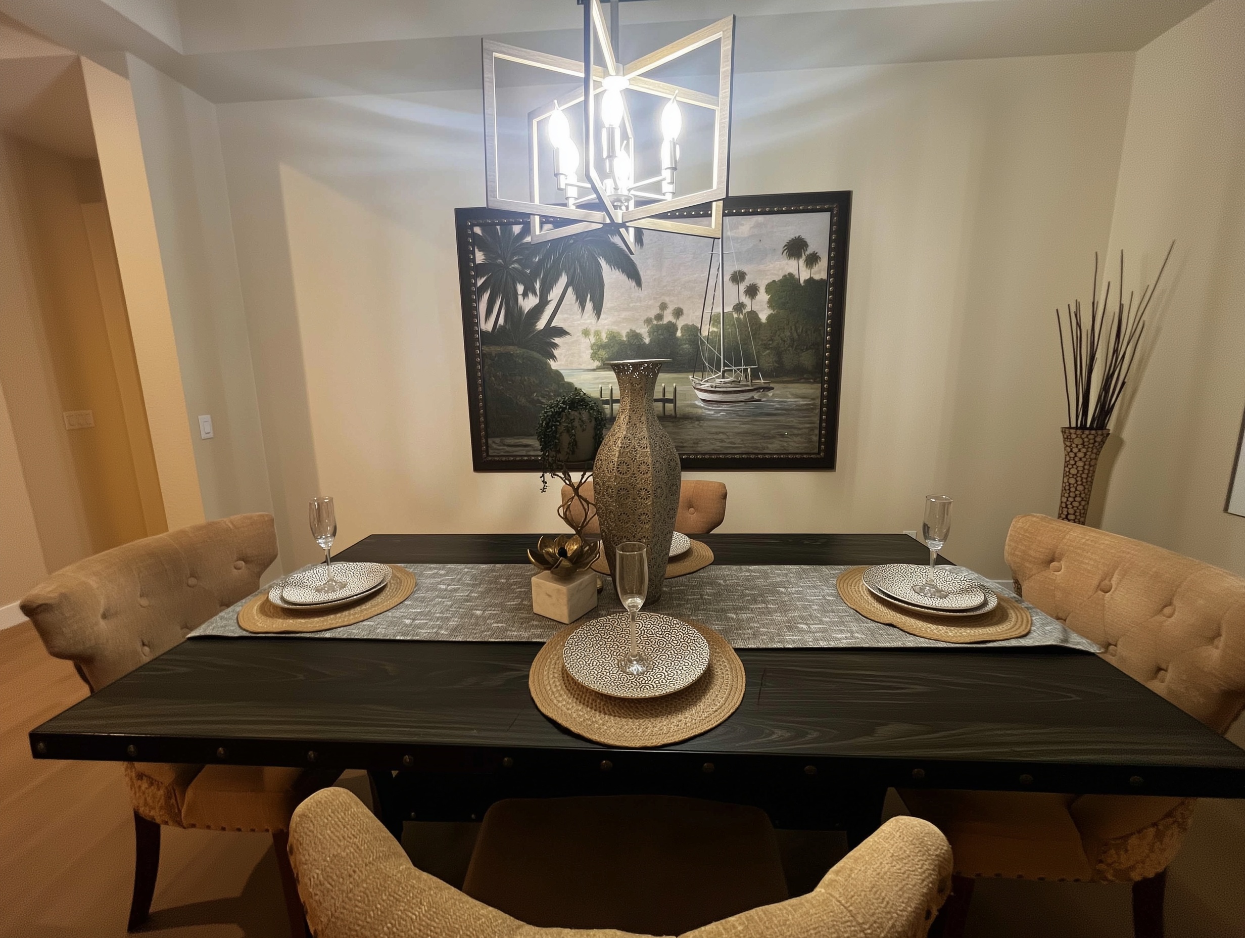 San Pasqual Retreat Escondido staging - elegant dining room with tropical artwork