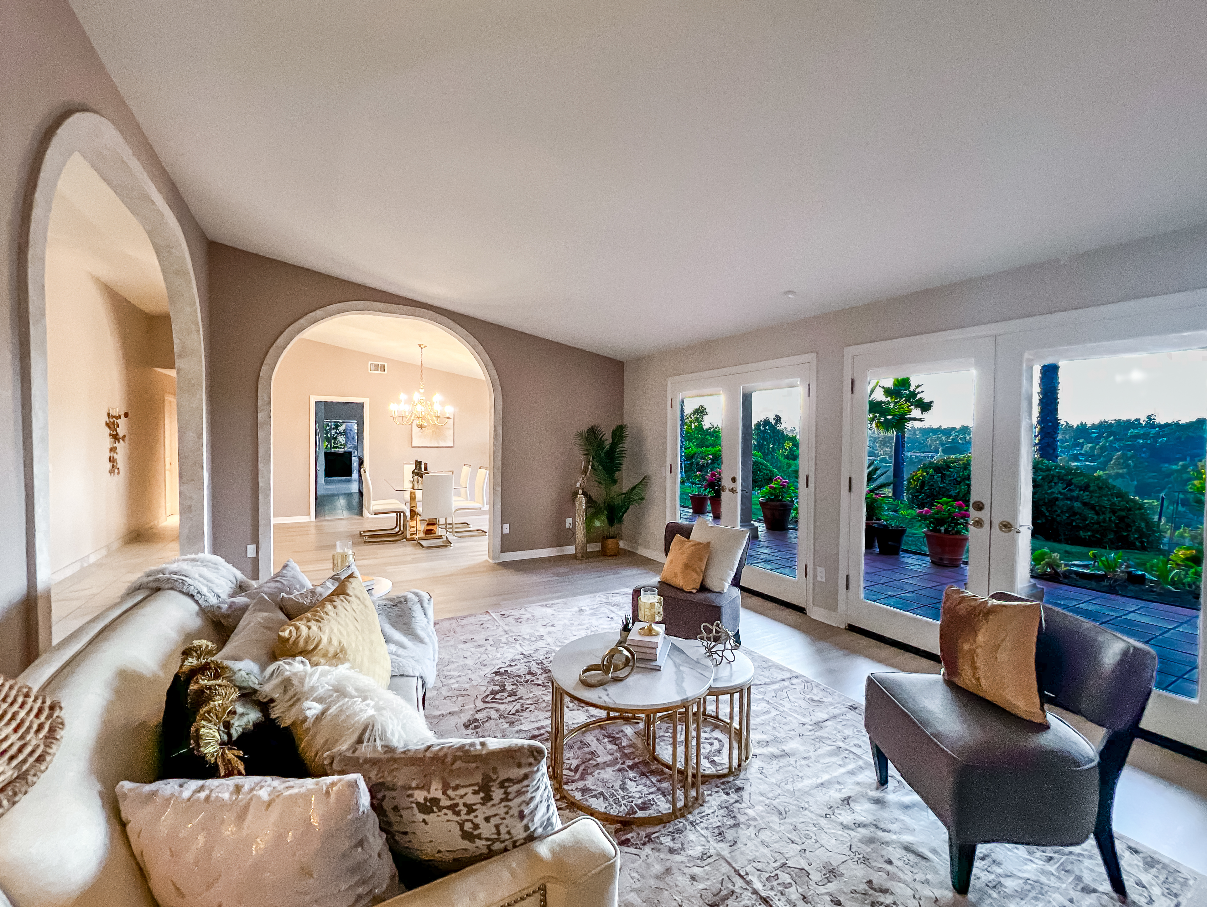 Monte Fuego Ranch staging transformation - living room with arched windows