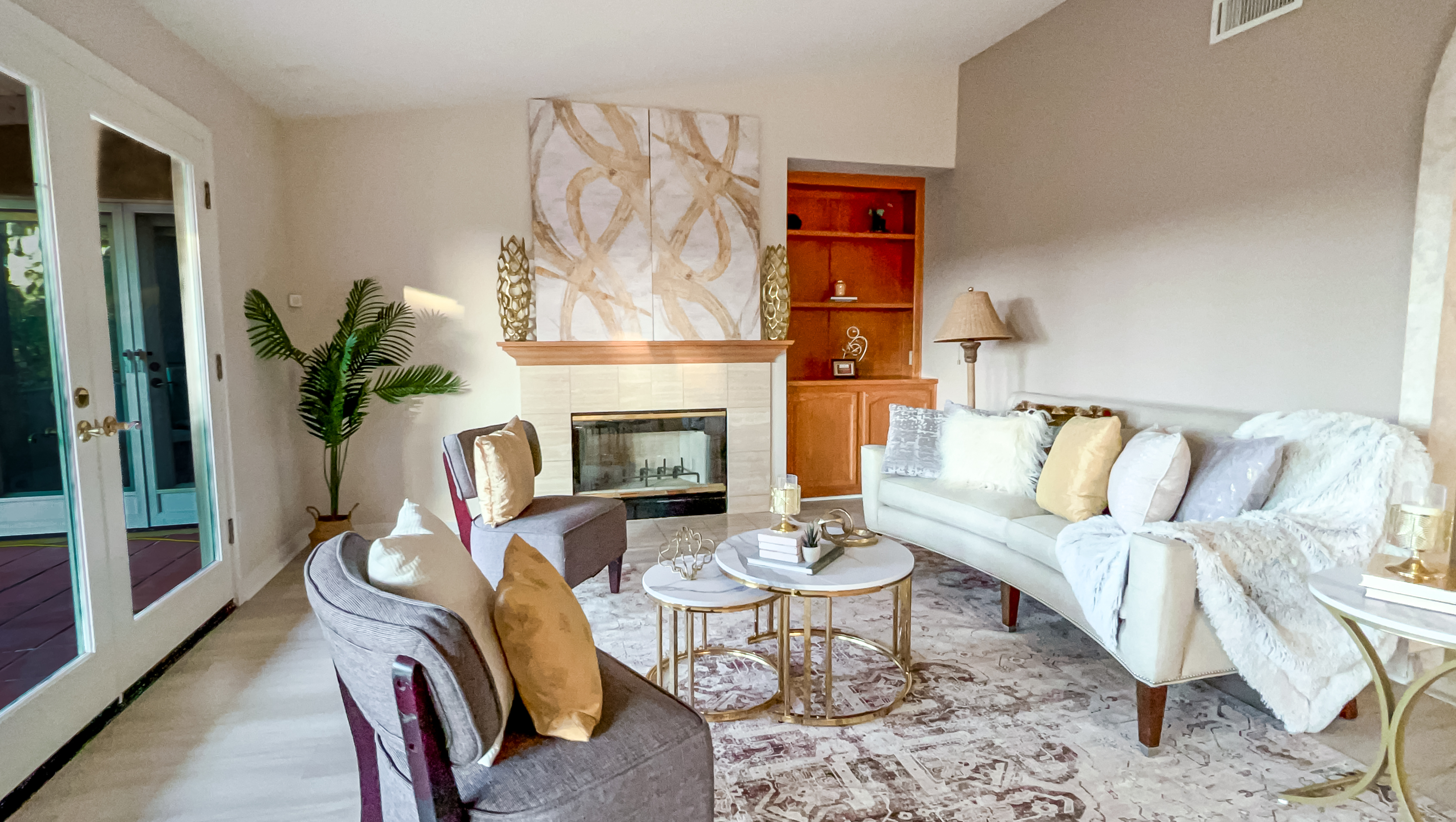 After: Sitting area softened with coordinated upholstery